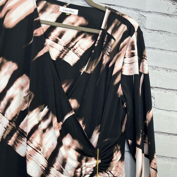 Calvin Klein Black and Orange Sheath Midi Dress V-neck Long Sleeve SZ L Flowy - Picture 8 of 14